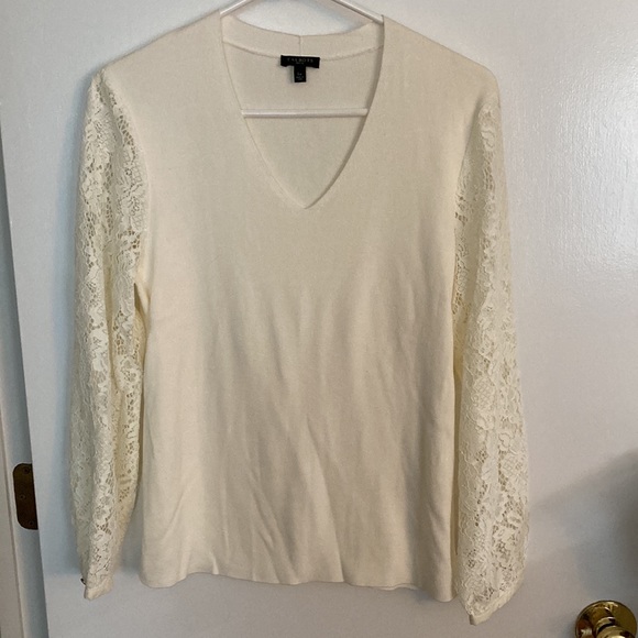 Talbots Ivory V Neck Sweater with Lace Sleeves. Size, LP - Picture 2 of 8